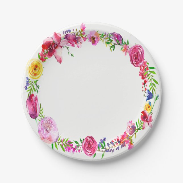 Pink Purple Greenery Spring Flowers Floral Modern Paper Plate (Front)