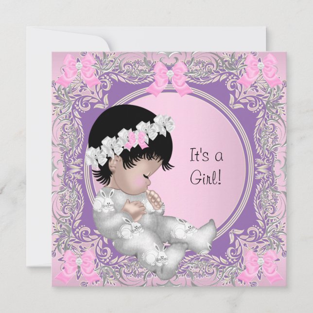 Pink Purple Grey Baby Shower Cute Baby Girl Invitation (Front)