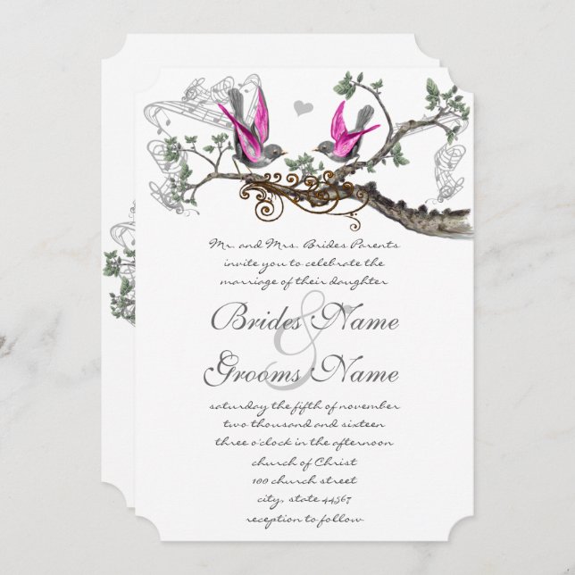 Pink Purple & Grey Vintage Birds Wedding Invitation (Front/Back)