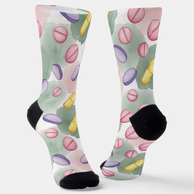 Pink, Purple & Grey Watercolor Pharmacy Socks (Angled)