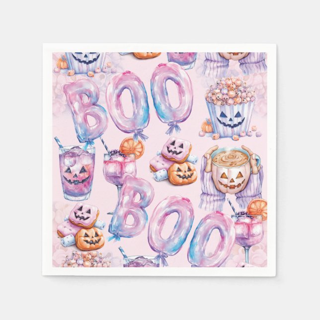 Pink Purple Halloween Boo Watercolor Napkin (Front)