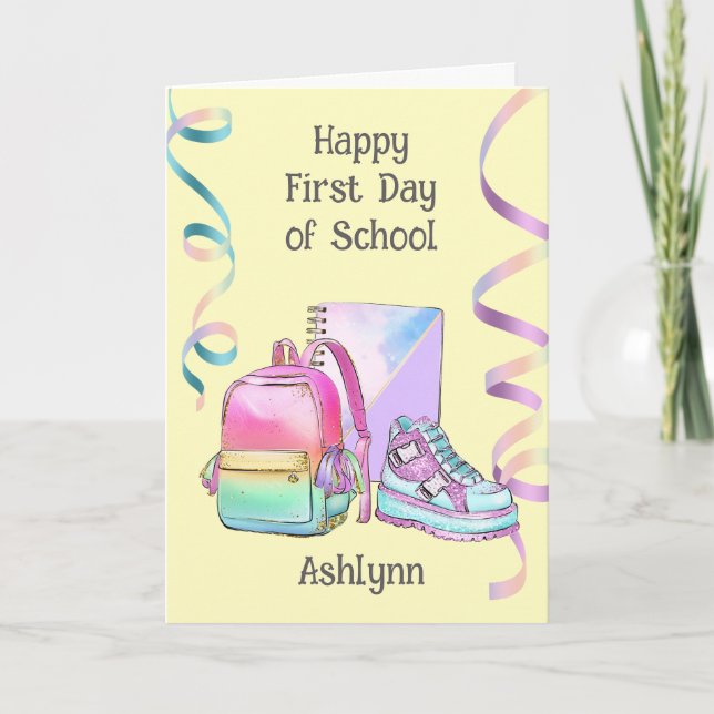 Pink Purple Happy First Day of School Card (Front)