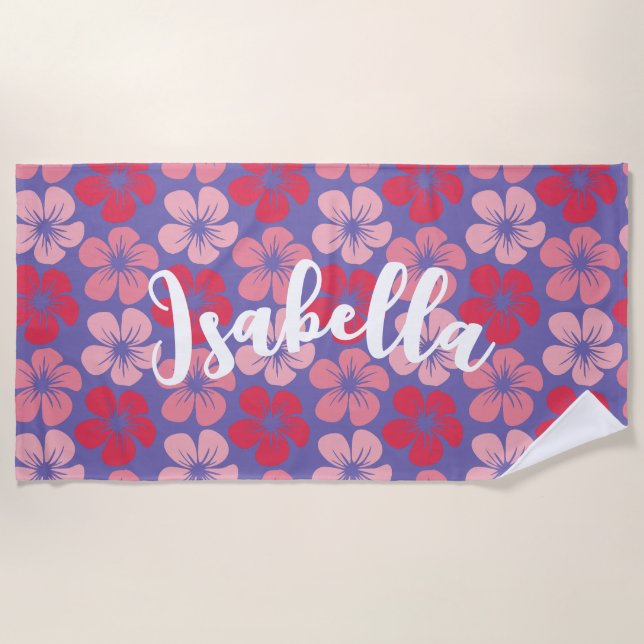Pink Purple Hawaiian Flowers Personalised Name Beach Towel (Front)