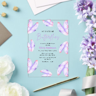 Pink Purple He Gives Me Butterflies Bridal Shower Acrylic Invitations