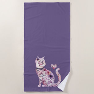 Pink Purple Hearts Floral Cat Birthday Beach Towel