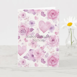Pink Purple Hearts Flowers Birthday Card