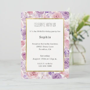 Pink Purple Hearts Flowers Birthday Invitation