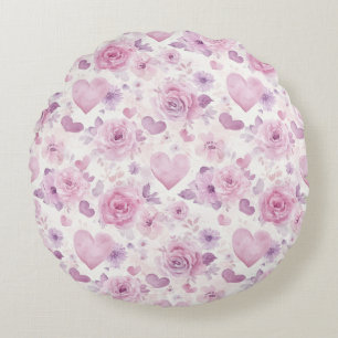 Pink Purple Hearts Flowers Birthday Round Cushion
