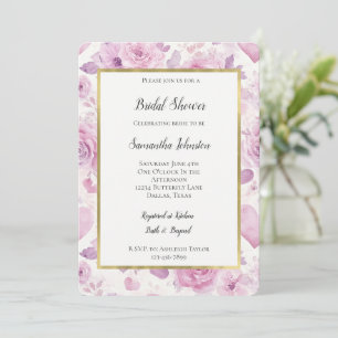 Pink Purple Hearts Flowers Bridal Shower Invitation