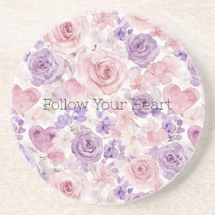 Pink Purple Hearts Flowers Coaster