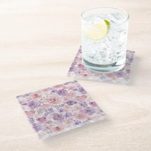 Pink Purple Hearts Flowers Glass Coaster