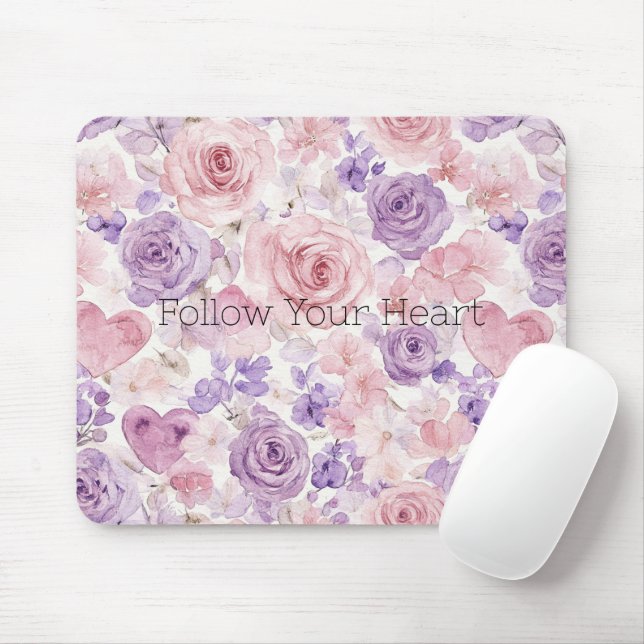 Pink Purple Hearts Flowers Mouse Mat (With Mouse)
