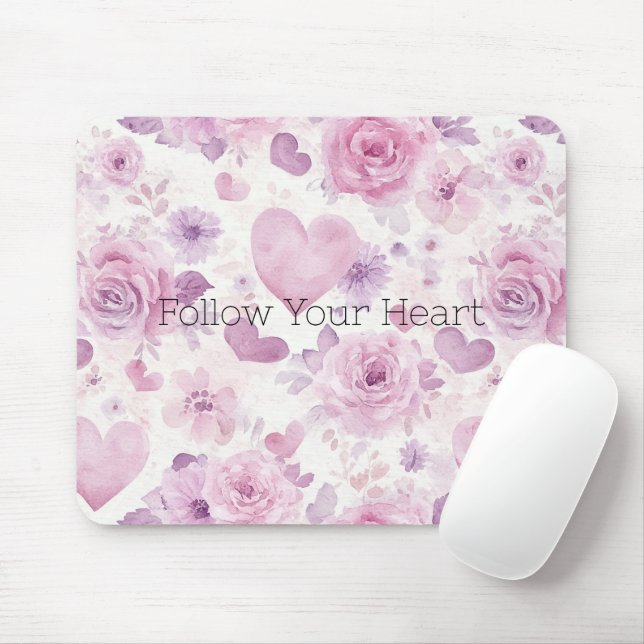 Pink Purple Hearts Flowers Mouse Mat (With Mouse)