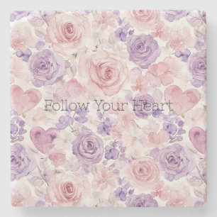Pink Purple Hearts Flowers Stone Coaster