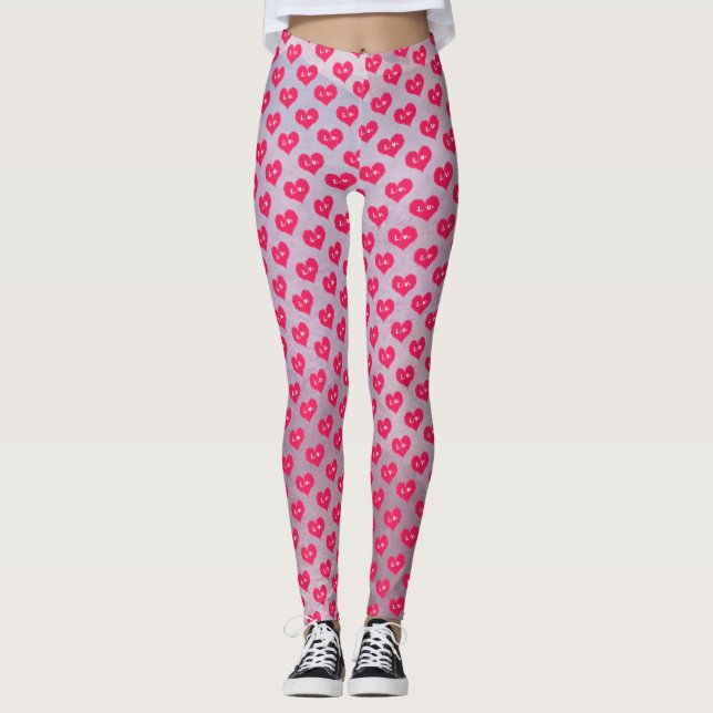 Pink Purple Hearts Pattern Valentine Day Leggings (Front)