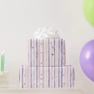 Pink Purple Hearts Stripes Birthday Wrapping Paper
