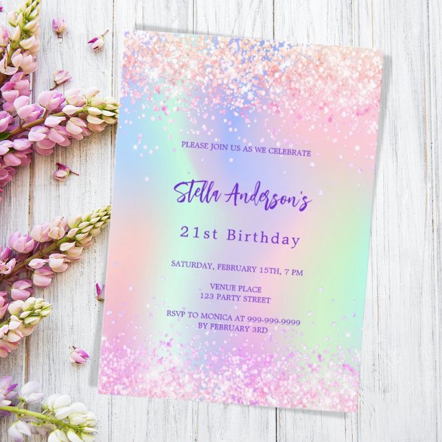 Pink purple holographic 21st birthday invitation (Creator Uploaded)