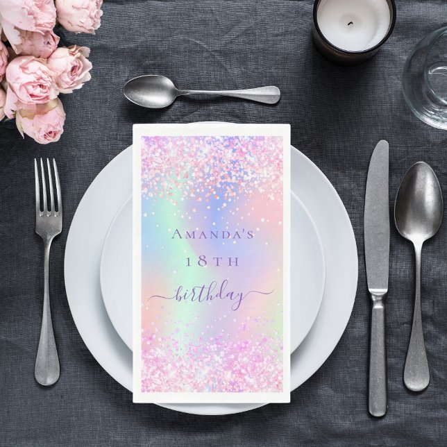 Pink purple holographic birthday party napkin (Creator Uploaded)