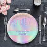 Pink purple holographic birthday party paper plate<br><div class="desc">A girly trendy holographic background with unicorn and rainbow pastel colours in pink,  purple,  mint green. Decorated with drips in pink,  purple. A mint green band. The text: Happy Birthday. Purple coloured letters. Personalise and add a name.</div>