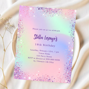 Pink purple holographic budget birthday invitation