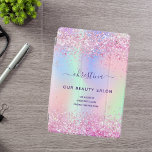 Pink purple holographic business name iPad pro cover<br><div class="desc">A trendy iridescent, holographic background with pastel colours in pink, purple, mint green. Decorated with confetti. For makeup artists, hair designers, hair and beauty salons, nurses. Purple coloured letters. Personalise and add your name and contact information. The personal name is written with a modern hand lettered style script with swashes....</div>