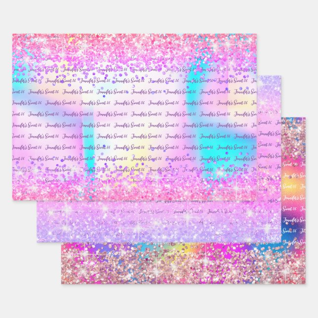Pink Purple Holographic Glitter Sweet 16 Birthday Wrapping Paper Sheet (Set)