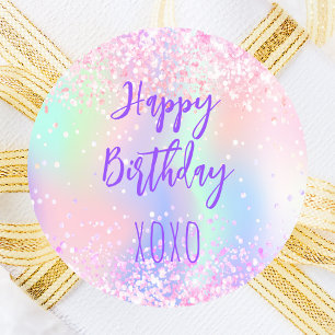 Pink purple holographic hugs kisses birthday classic round sticker