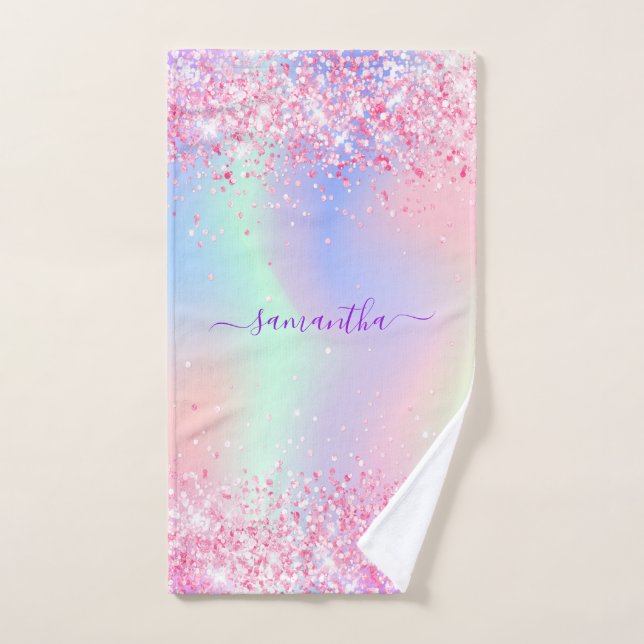 Pink purple holographic name girl bath towel set (Hand Towel)