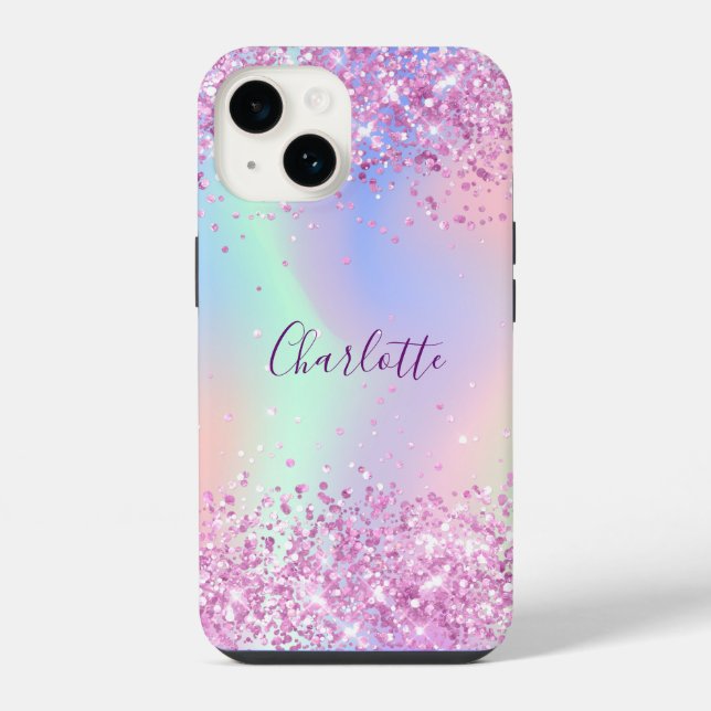 Pink purple holographic name script iPhone case (Back)