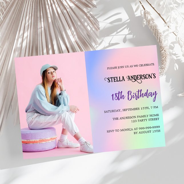 Pink purple holographic photo birthday invitation (Creator Uploaded)
