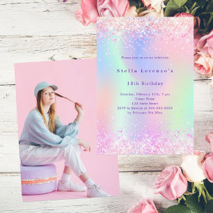 Pink purple holographic photo birthday invitation