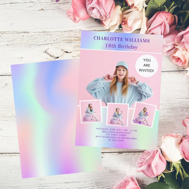 Pink purple holographic photo luxury birthday invitation (Creator Uploaded)