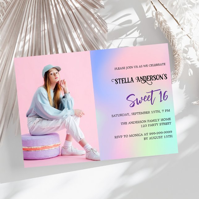 Pink purple holographic photo luxury Sweet 16 Invitation (Creator Uploaded)