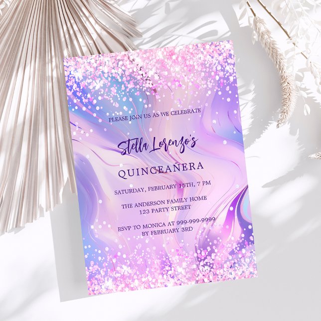 Pink purple holographic Quinceanera Invitation (Creator Uploaded)