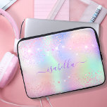 Pink purple holographic sparkle laptop sleeve<br><div class="desc">A trendy holographic iridescent, background with unicorn and rainbow pastel colours in pink, purple, mint green. Decorated with faux sparkles. Purple coloured letters. Personalise and add your name written with a mothern hand lettered style script with swashes. To keep the swashes only delete the sample name, leave the spaces or...</div>