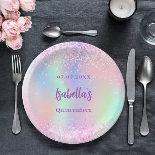 Pink purple holographic sparkles Quinceanera Paper Plate