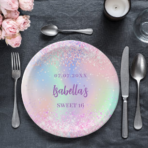 Pink purple holographic sparkles Sweet 16 Paper Plate