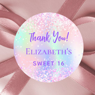 Pink purple holographic Sweet 16 Thank You Classic Round Sticker