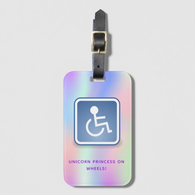 Pink purple holographic wheelchair girl luggage tag (Front Vertical)