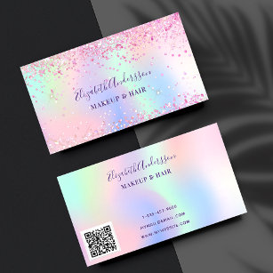 Pink purple holograpic glitter makeup hair qr code business card