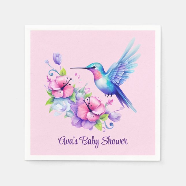 Pink & Purple Hummingbird Floral Girl Baby Shower Napkin (Front)