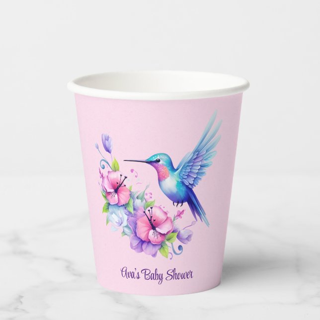 Pink & Purple Hummingbird Floral Girl Baby Shower Paper Cups (Front)
