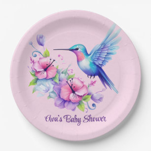 Pink & Purple Hummingbird Floral Girl Baby Shower Paper Plate