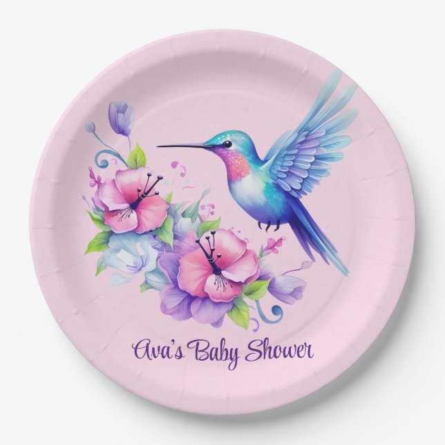 Pink & Purple Hummingbird Floral Girl Baby Shower Paper Plate (Front)
