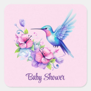Pink & Purple Hummingbird Floral Girl Baby Shower Square Sticker