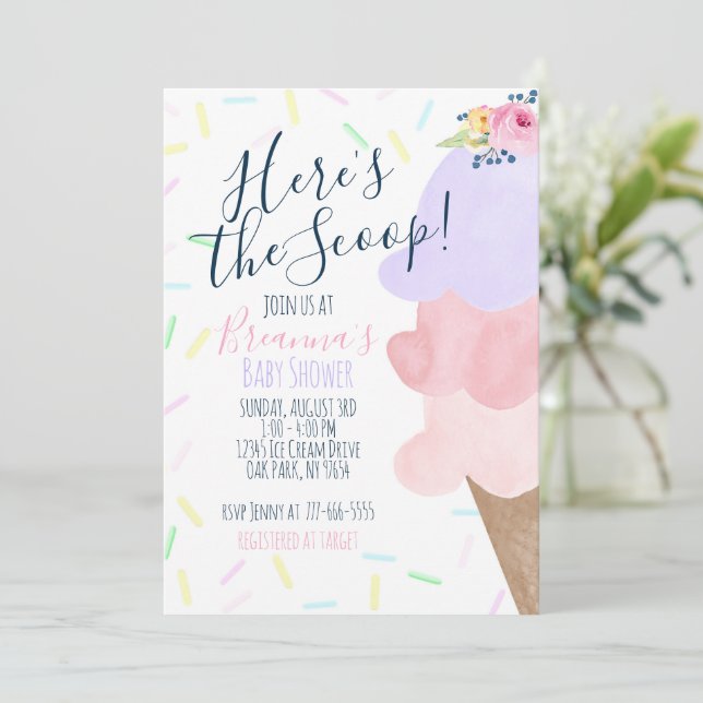 Pink & Purple Ice Cream Cone Baby Shower Invitation (Standing Front)