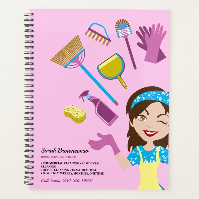 Pink Purple Janitorial Cartoon Home Branding Planner (Front)