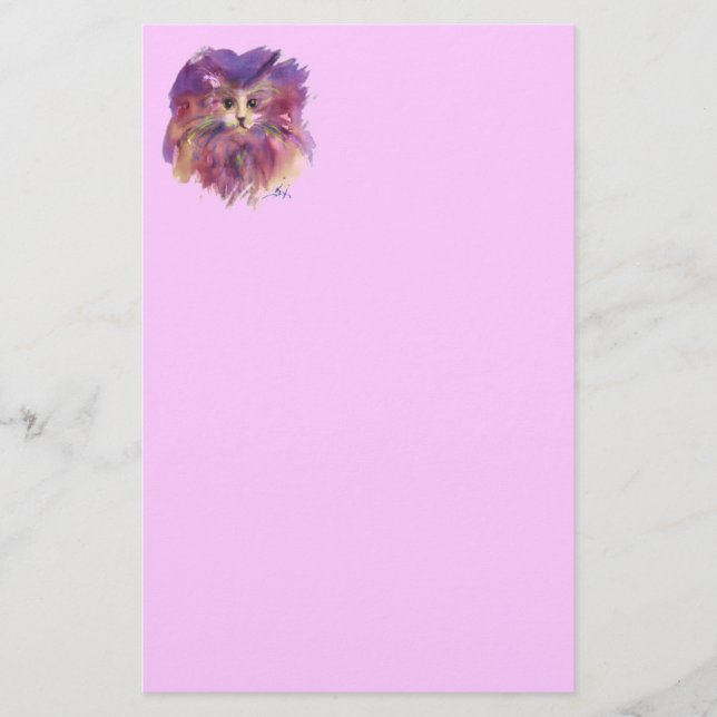 PINK PURPLE KITTEN,CUTE KITTY CAT PORTRAIT STATIONERY (Front)