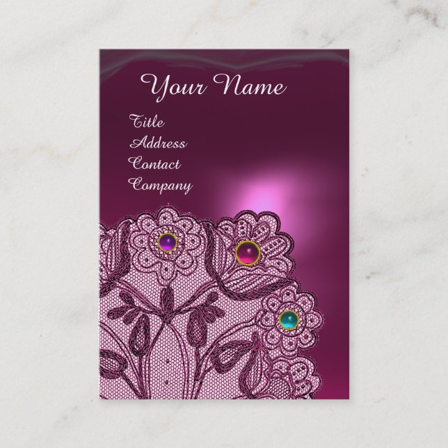 PINK PURPLE LACE FLOWERS ,COLORFUL GEMS MONOGRAM BUSINESS CARD (Front)