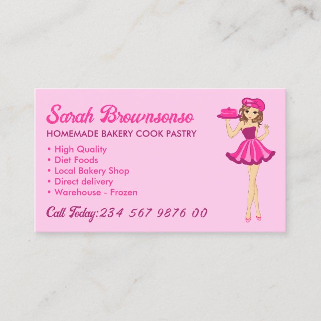 Pink Purple Lady Cartoon Cake Cooking Bakery Business Card (Front)